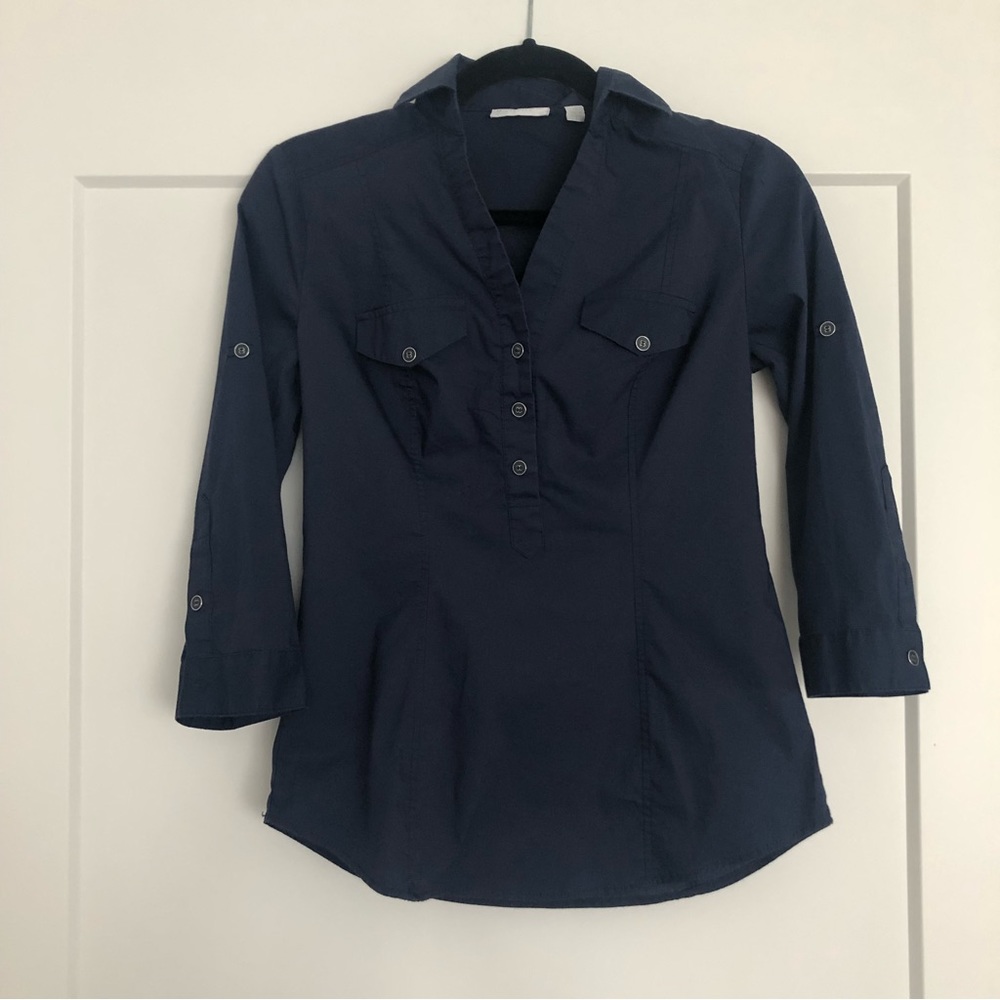 New York Co Navy Blue Half Button Up 3/4 Sleeves Convertible Top Shirt XS